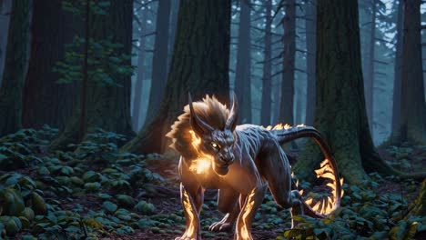 fire lion in a mysterious forest