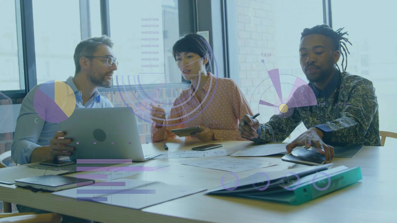 Business team checking charts lead pointing laptop sparking sharing phone while analyst tapping tab