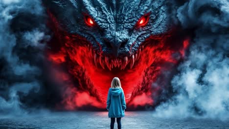 a woman standing in front of a giant dragon with red eyes