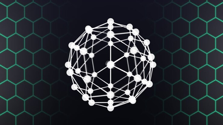 Animation of globe of connections over hexagons on black background
