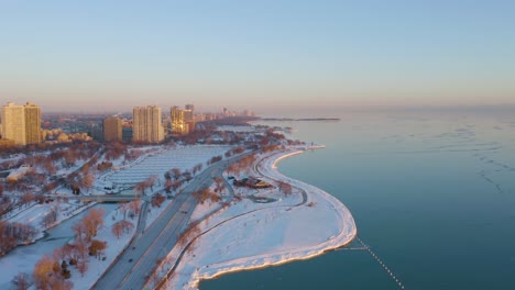 aerial view of fullerton beach and lakefront trail in chicago during winter polar vortex