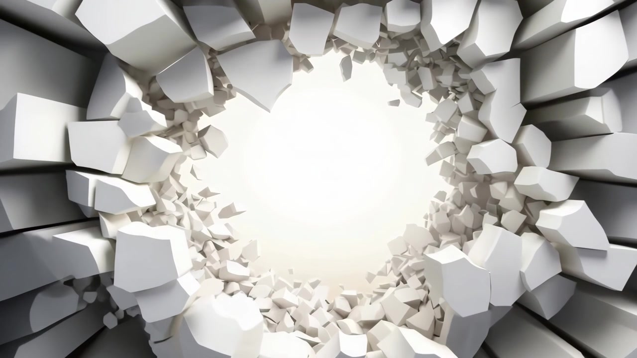 Muro bianco astratto che si frantuma per rivelare una luce brillante