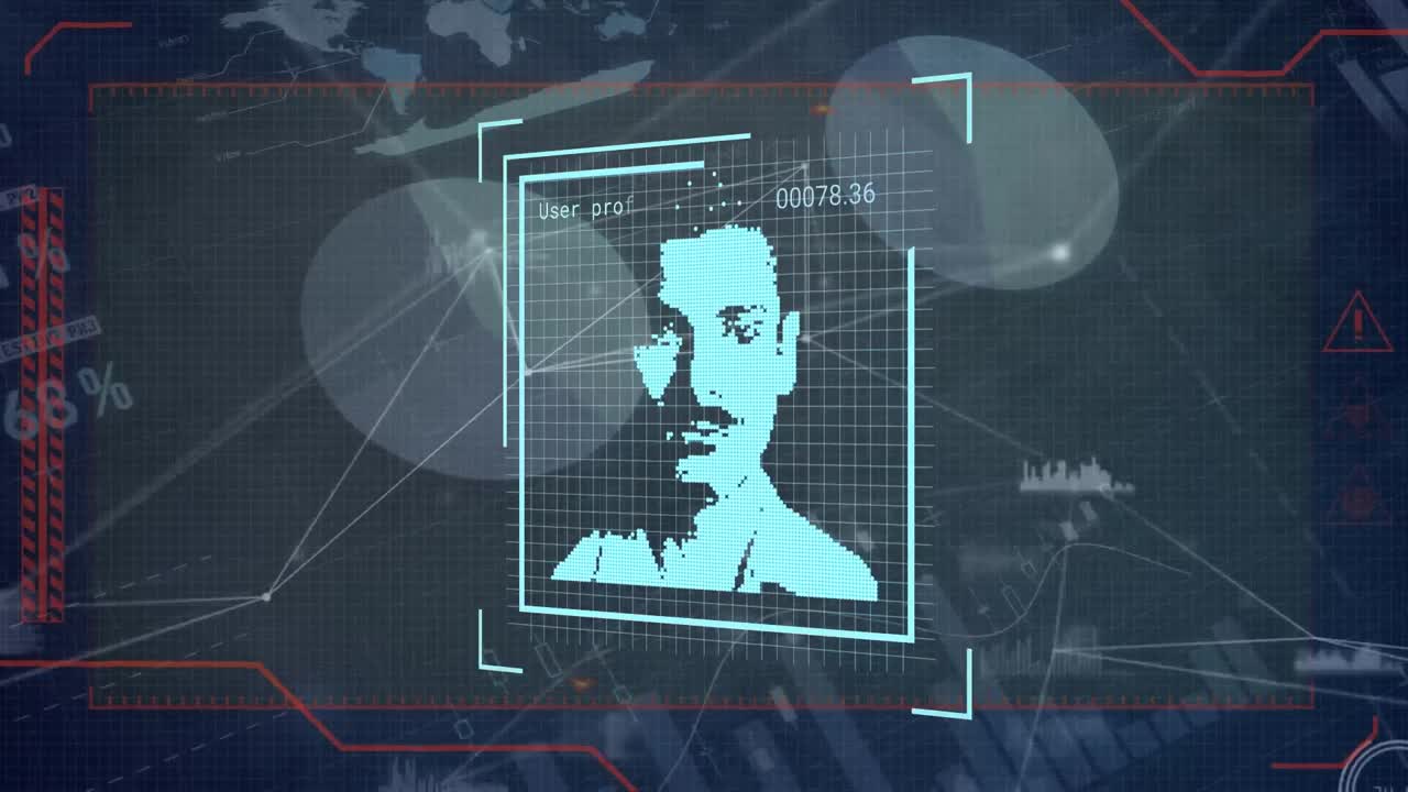 animación de fotos de usuarios, datos financieros y conexiones en fondo negro