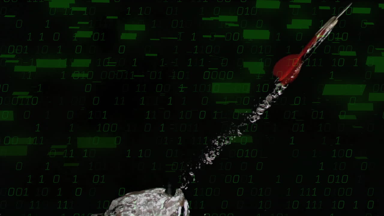 Flat design showing red spherical?tipped object sending water droplets through green binary code