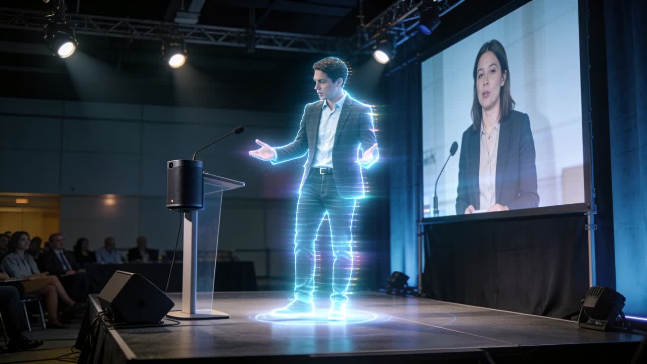 Vertikal video: Aktiverer hologram, mandlig taler gestikulerer for at introducere medvært på glødende platform