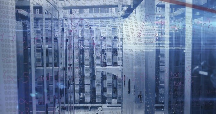 Data Center Server Room with Digital Data Overlay