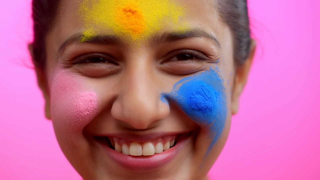 Smiling Indian Woman With Colorful Powder, Closeup Portrait Against Pink Background Showing Vivid Blue Yellow