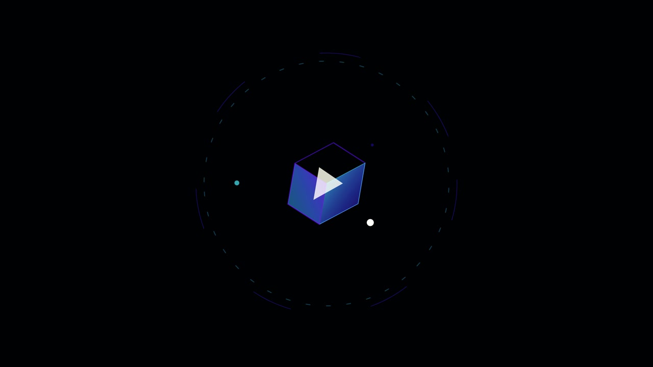 Abstract 3D Cube Animation with Orbiting Particles