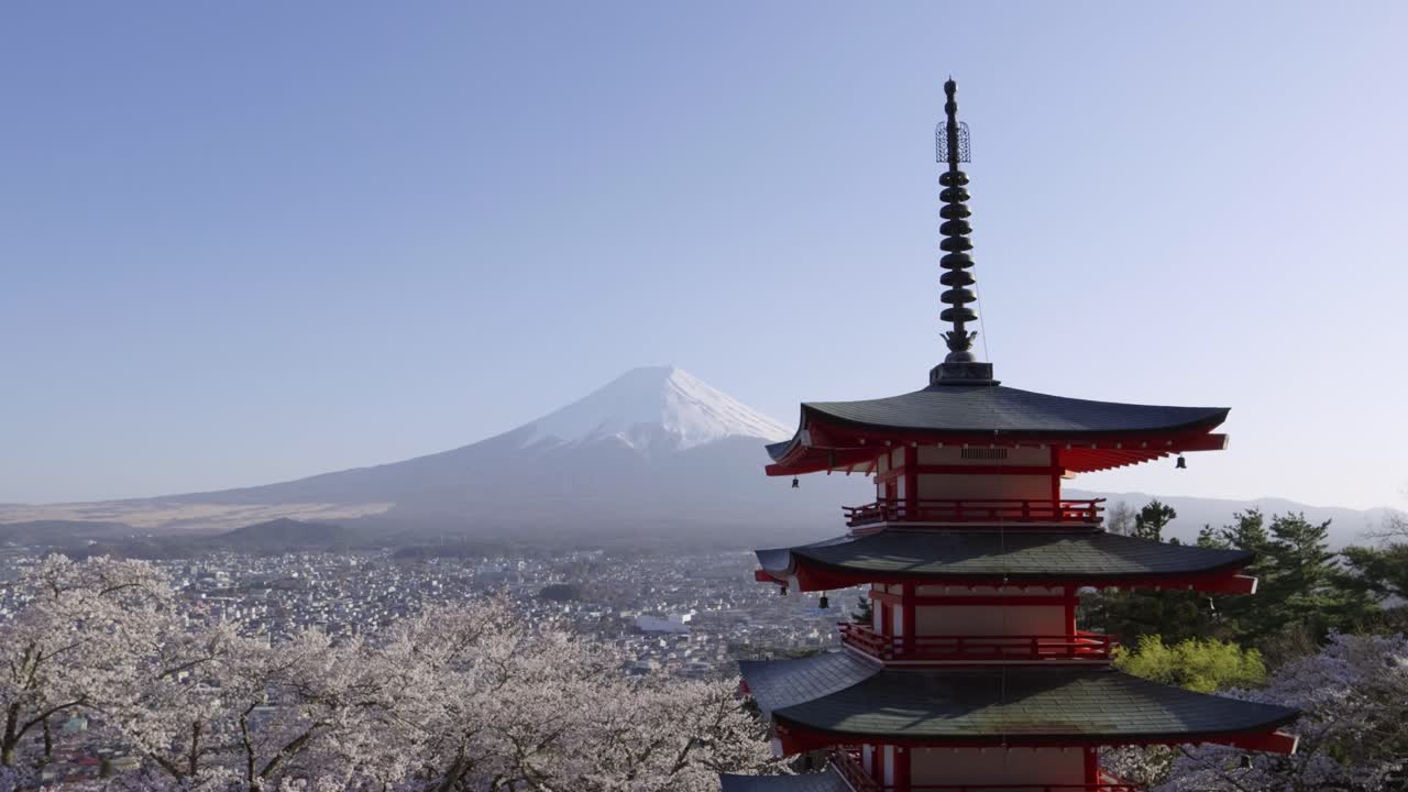 Panoramic view over Chureito Pagoda with Mt. Fuji and Sakura