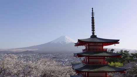 panoramic view over chureito pagoda with mt. fuji and sakura