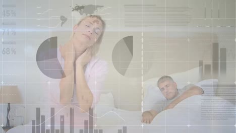 animación de procesamiento de datos estadísticos contra mujer caucásica sosteniendo su cabeza sentada en la cama.