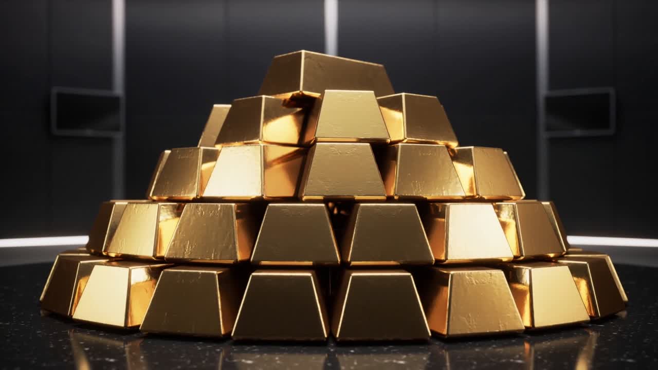 Telecamera in movimento che zooma, con luci cangianti che mettono in risalto barre d'oro a quattro livelli su una piattaforma nera lucida.