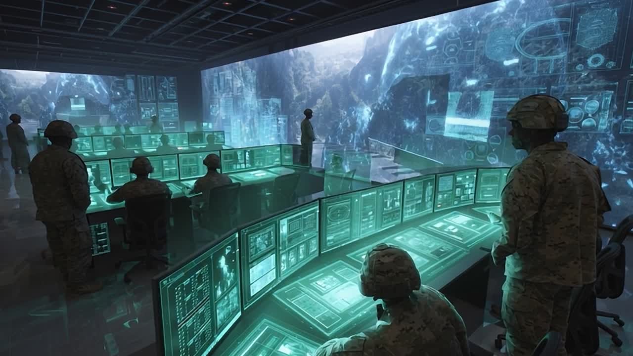 Military personnel operating advanced technology in a command center