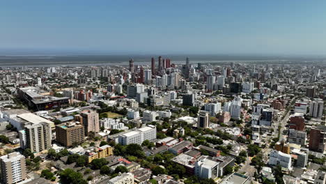 Aerial-view-of-the-central-district-of-Barranquilla-city,-daytime-in-Colombia