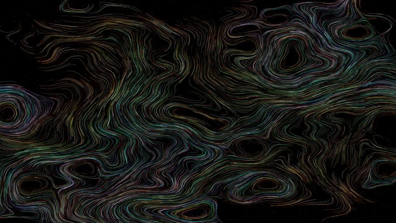 Multicolored neon flow field lines across a black background, whirling mesmerizing and seamless looping animation