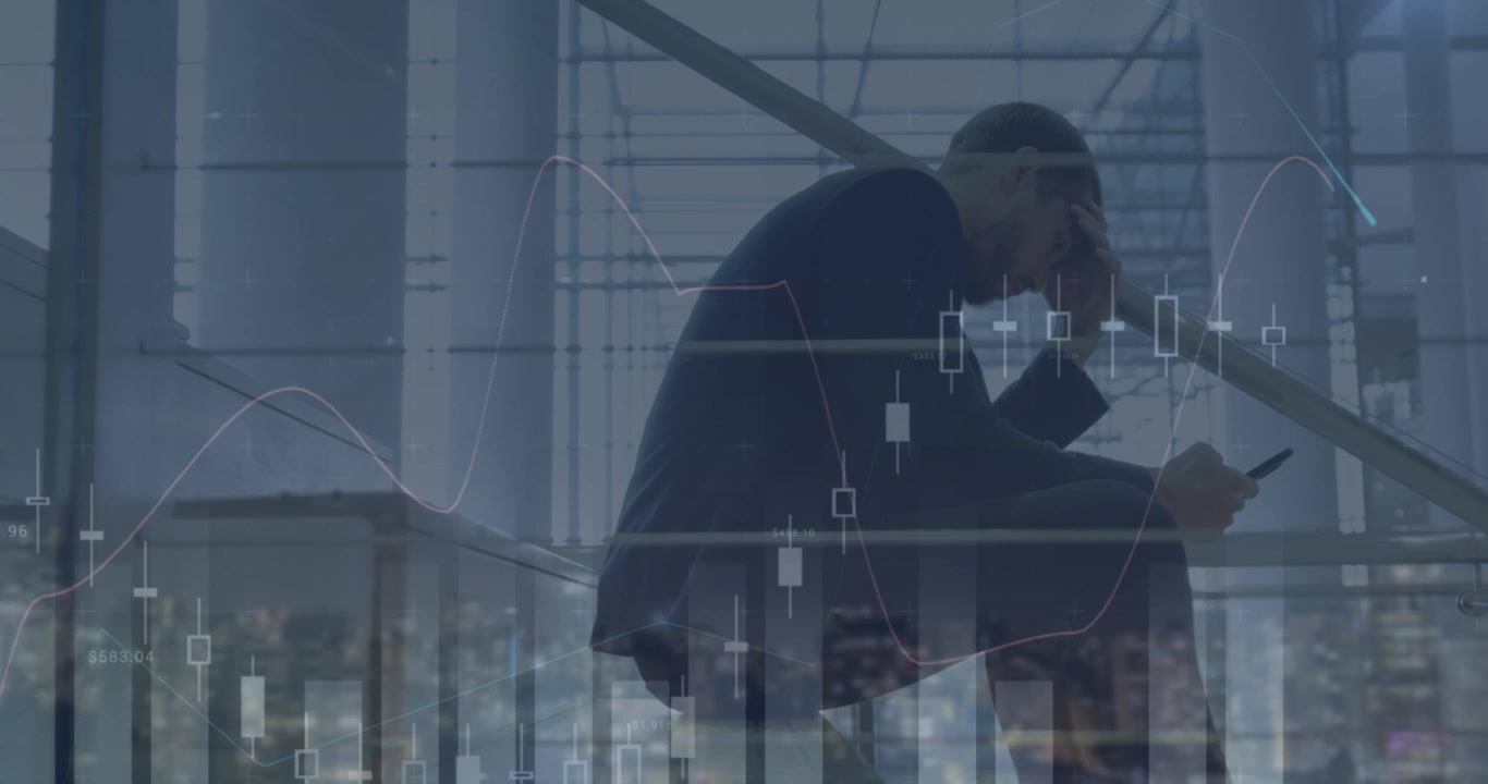 Animation of financial graph over businessman using smartphone
