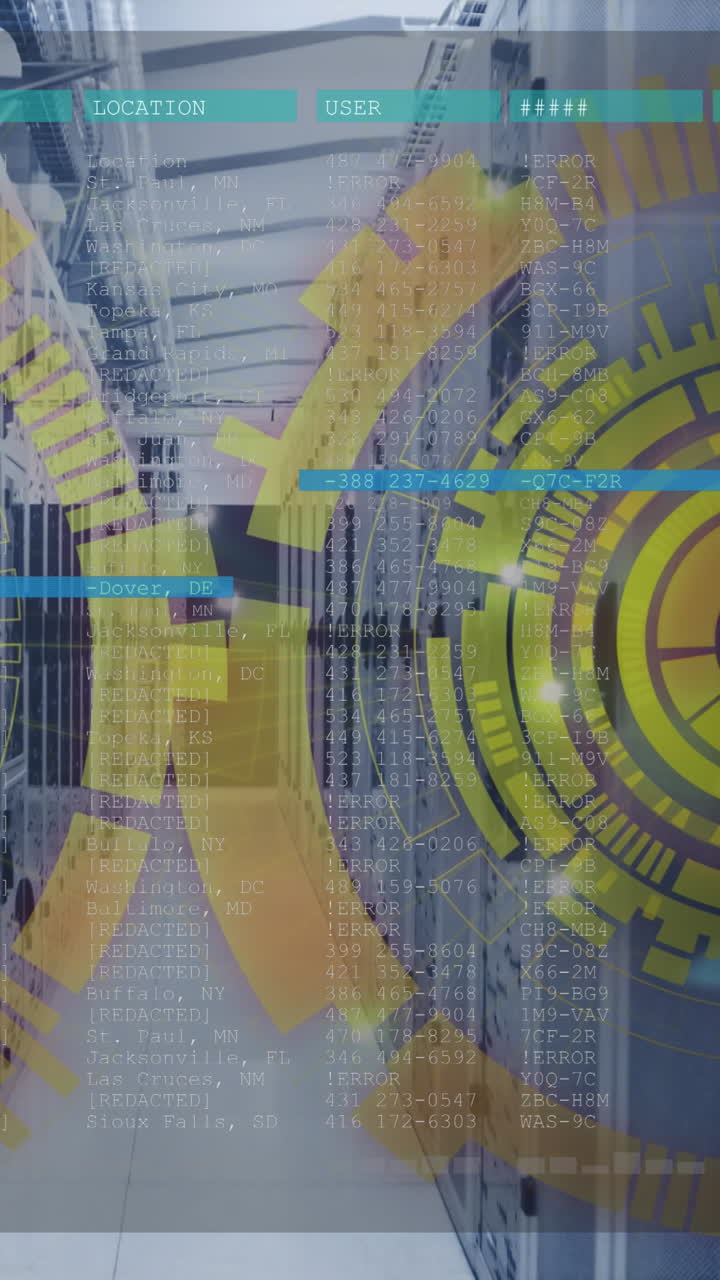 animación del procesamiento de datos y el escaneo de alcance sobre la sala de servidores