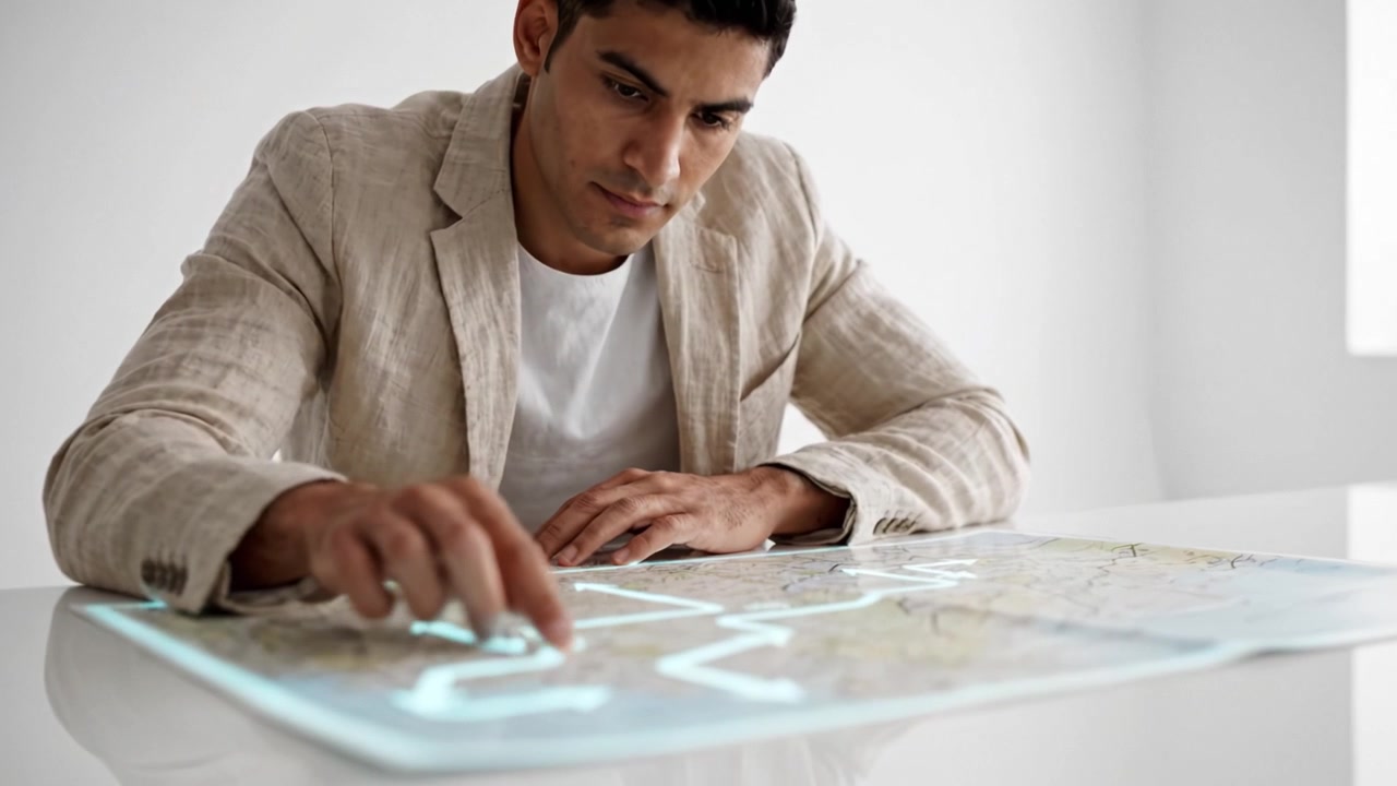 A professional man interacts with a futuristic holographic map interface, analyzing data and making decisions in a contemporary office environment.