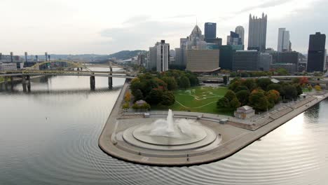 aerial turn at point state park, drone flying above monongahela river