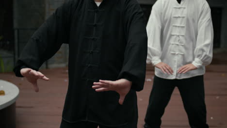 two men practicing tai chi or martial arts outdoors