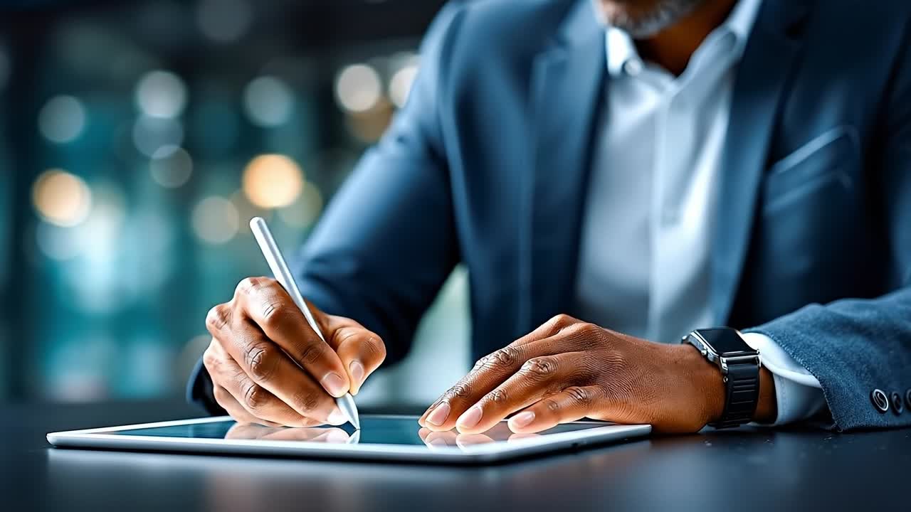 A man in a suit sitting at a table writing on a tablet