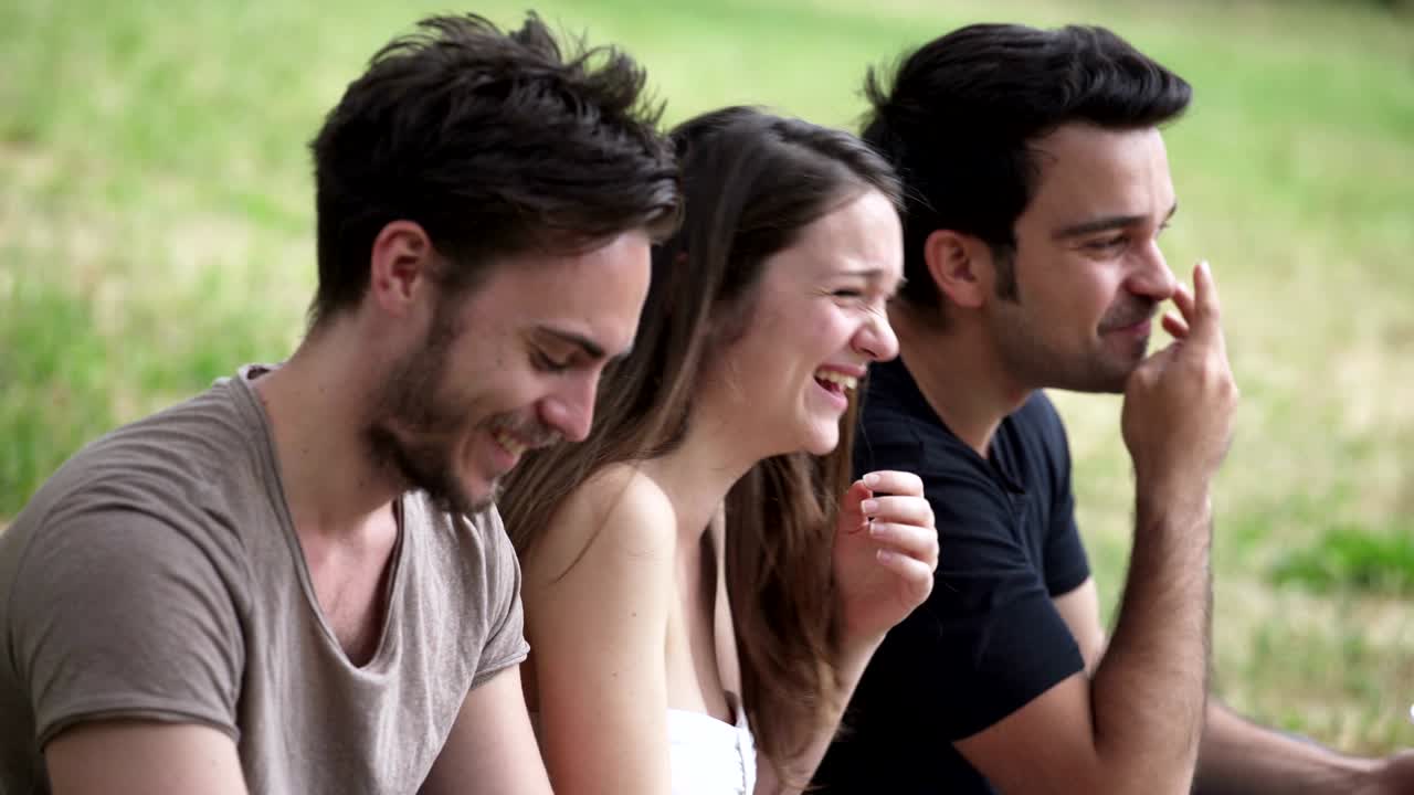 공원에서 행복한 픽닉: 친구들이 이야기하고, 먹고, 미소 짓고