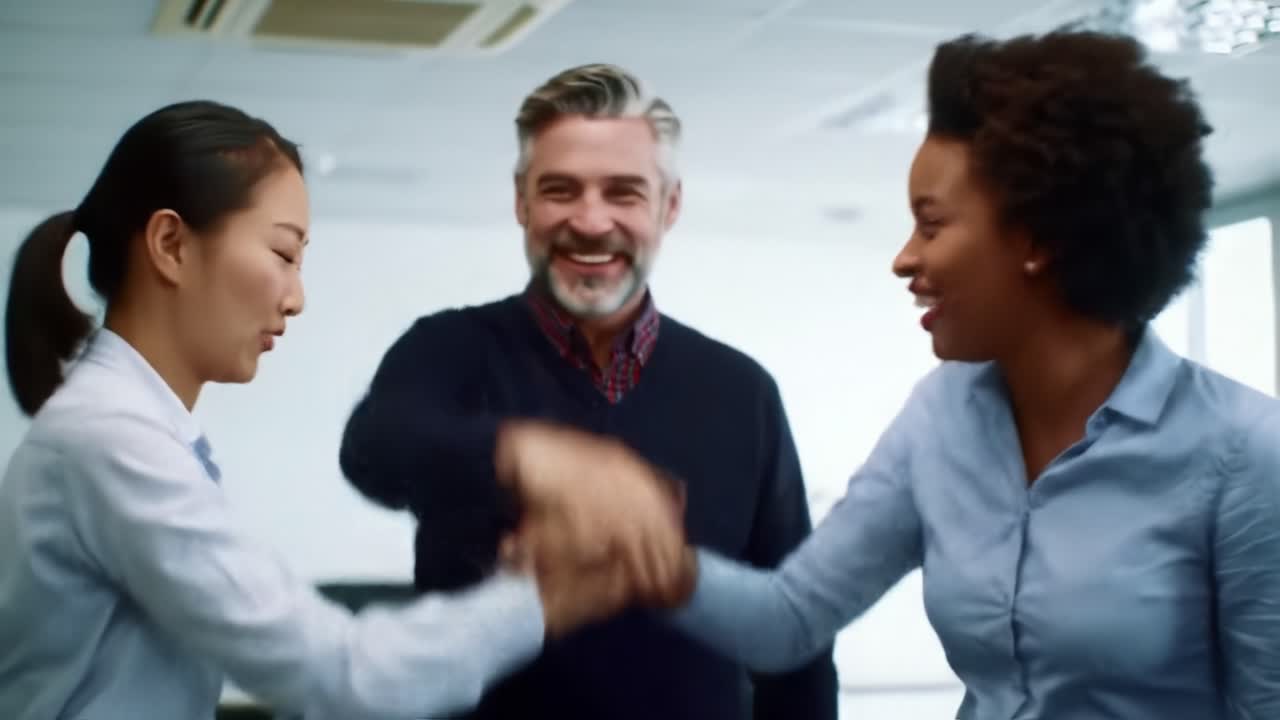 Two women and one man engage in a joyful collaboration in a modern office. They celebrate a successful discussion with high fives and smiles, promoting teamwork and enthusiasm.