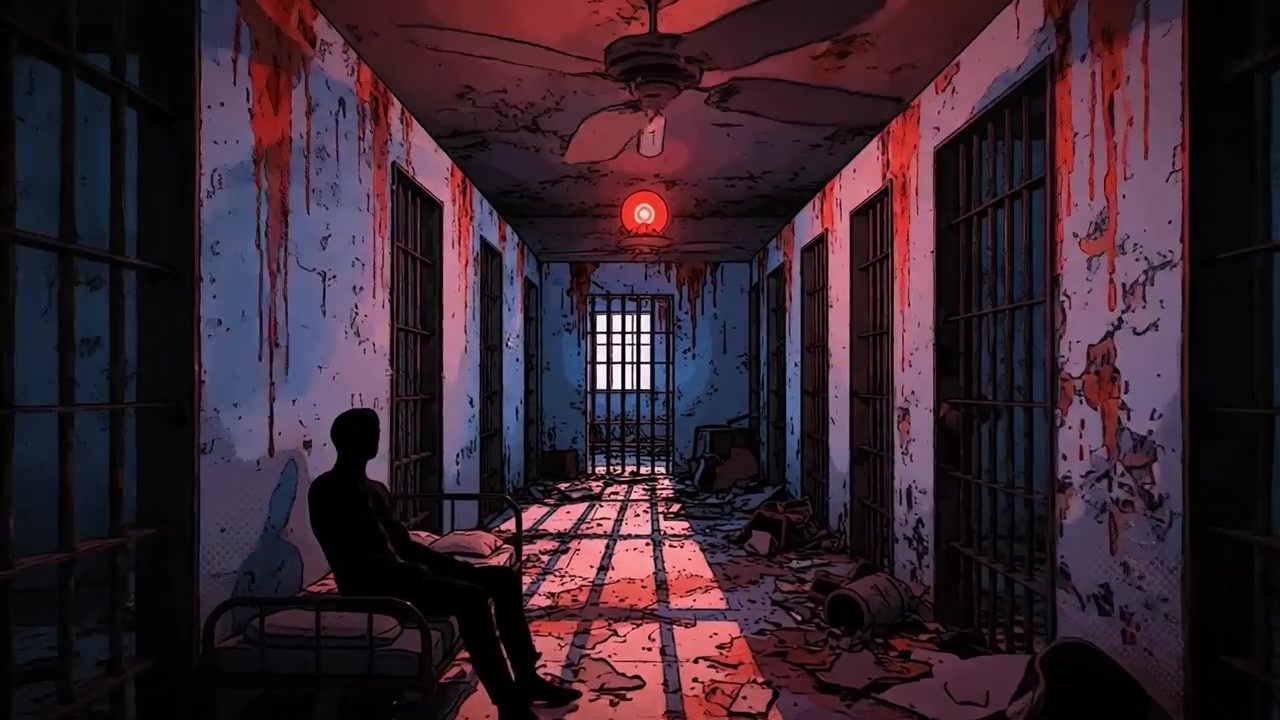 Um Corredor Assombroso de Desolação: Luz Vermelha Sinistra e Manchas de Sangue Iluminam um Corredor de Prisão Esquecido com Grades Enferrujadas e Sombras Rastejantes.