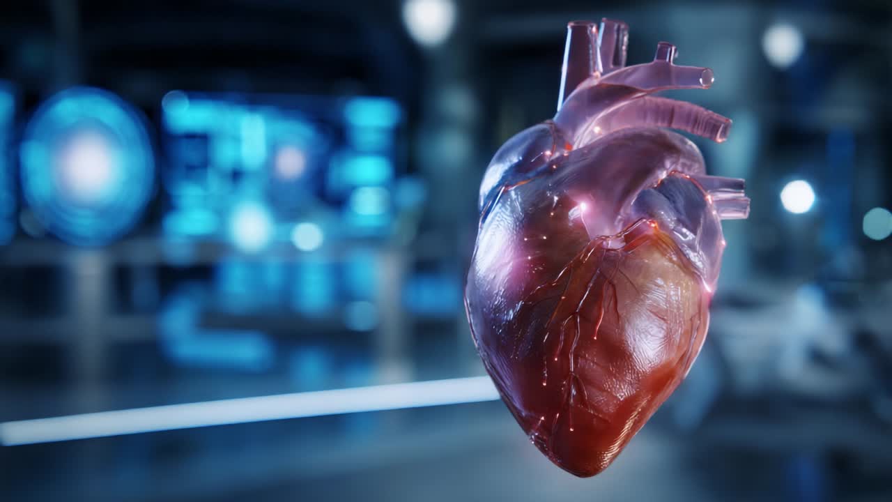 A stunningly detailed and animated representation of a human heart showcasing intricate structures and glowing elements, emphasizing its biological significance and advanced scientific visualization techniques in a futuristic environment