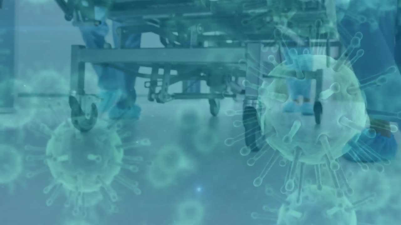 코로나19 세포는 병원에서 침대를 타고 다니는 의사들의 낮은 부분에 대해 움직입니다.