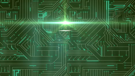 animación de una placa de circuito digital de computadora con rastros de luz brillante sobre un fondo verde