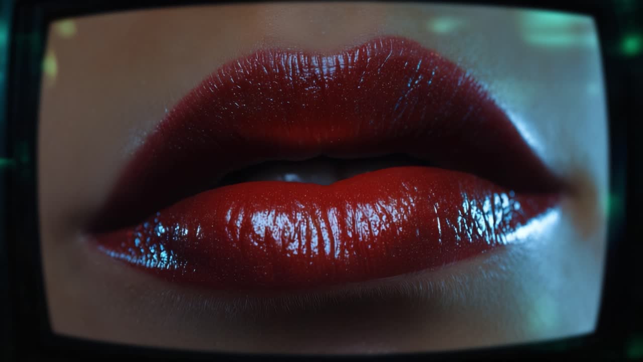 Primo piano vivido di labbra rosse lucide illuminate su uno sfondo scuro, che cattura le complessità di texture e lucentezza in una composizione visiva sorprendente.