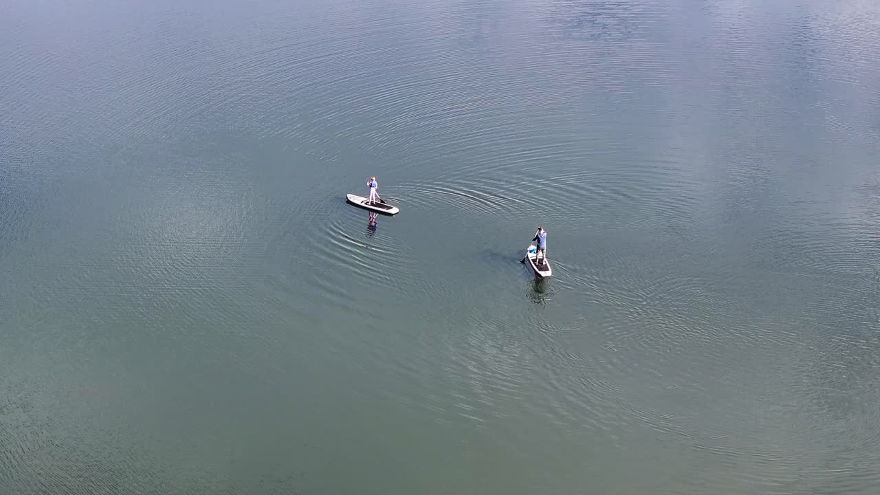 órbita aérea alrededor de dos personas paddleboarding en un lago a mitad del día 4k