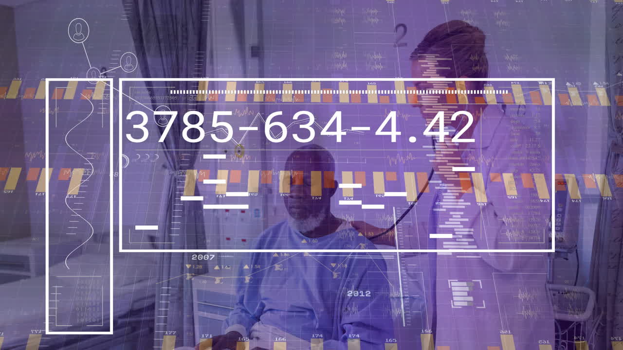 Examining patient, doctor with data processing animation overlay in hospital setting