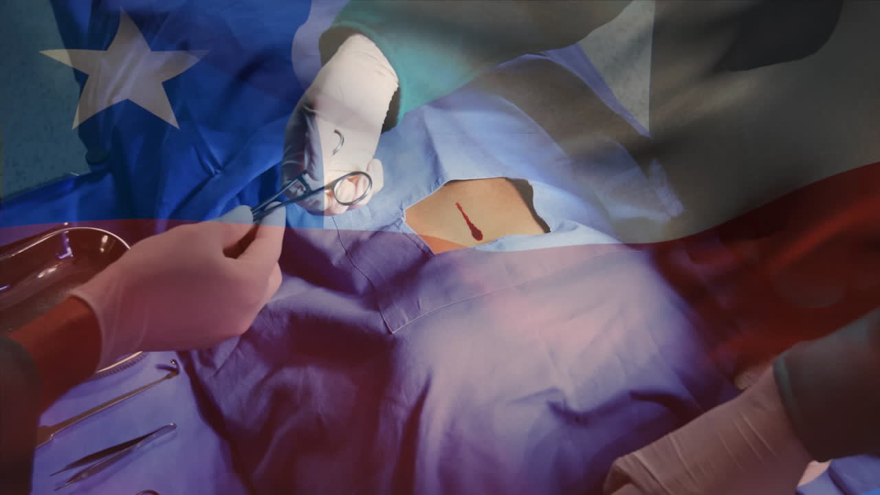 animación de la bandera de chile sobre diversos cirujanos que operan.