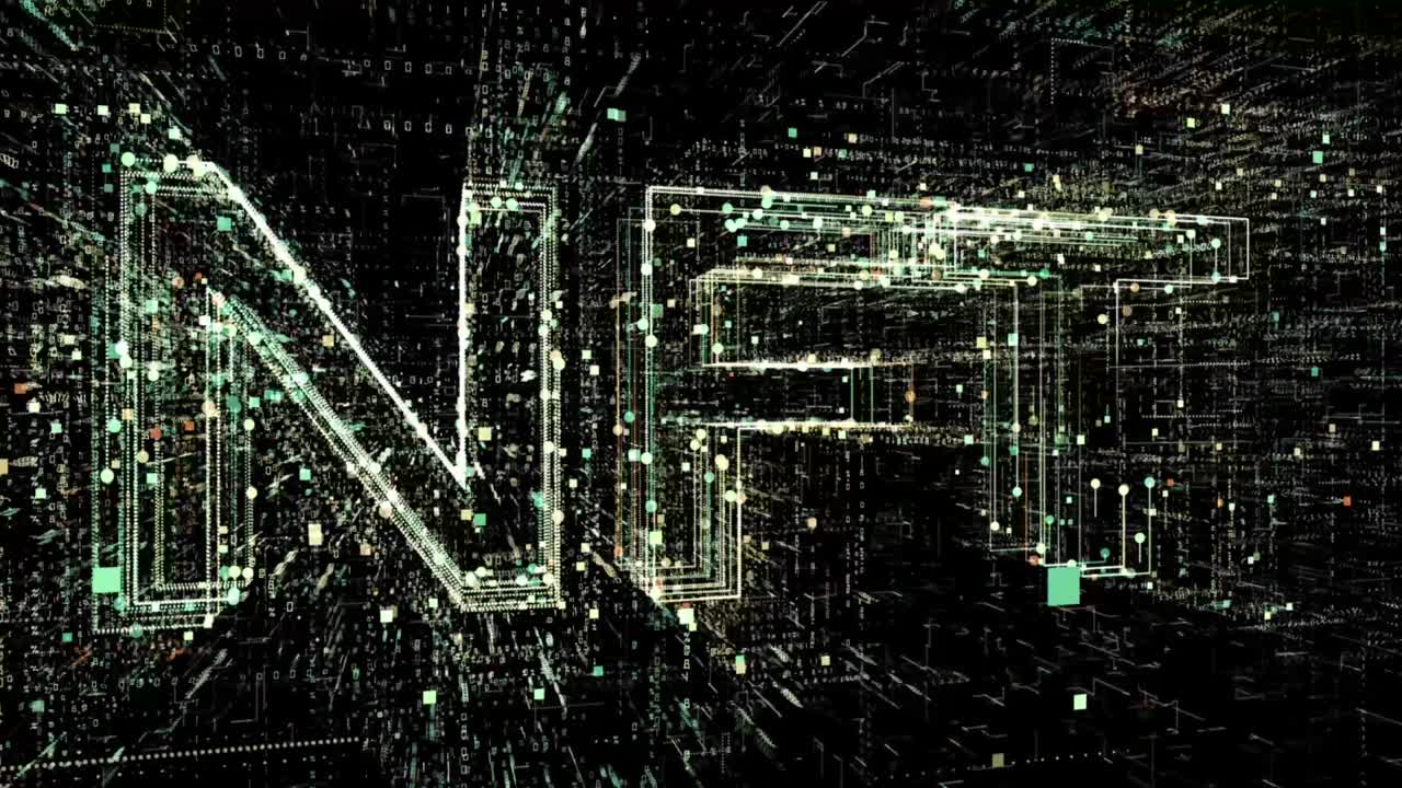 inscripción de nft hecha de partículas de código binario animación. tecnología de red futura. signo de nft cryptoart. concepto de metaverso de nft. 4k