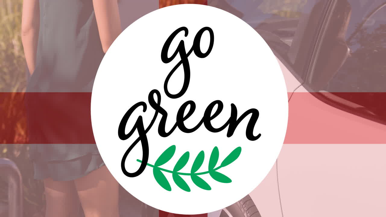 Go green text over flag of england and man charging electric car
