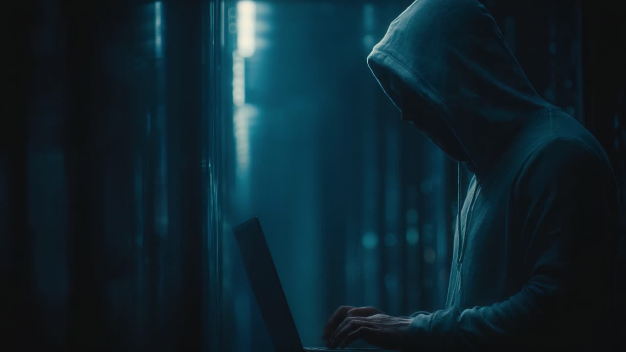 En mystisk skikkelse fordybet i cyberaktiviteter i et dæmpet oplyst datacenter, indhyllet i skygger og antydninger af teknologi i den digitale tidsalder