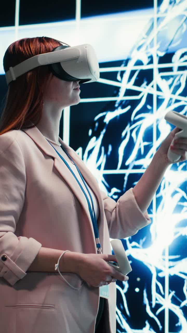 Vertical video Admin wearing VR headset gear reports to AI brain displayed on digital dashboard