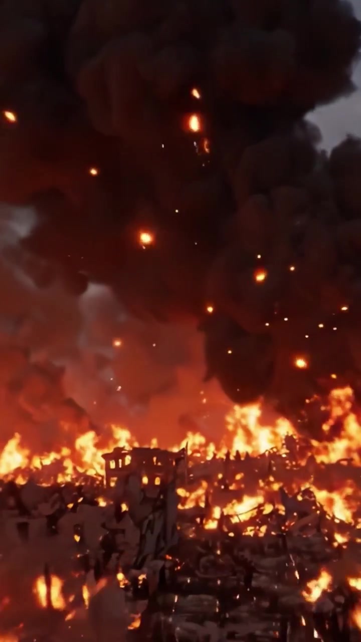 Inferno catastrofico: Una scena devastante di fiamme e fumo avvolge il paesaggio, dove distruzione e caos regnano tra una vivida esposizione di fuoco e cenere