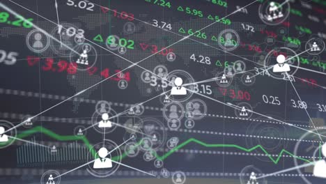 Animation-of-moving-stock-market-ticker-and-digital-people-icons-connecting-through-lines-over-graph