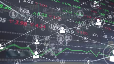 animación de movimiento de mercado de valores ticker y personas digitales iconos que se conectan a través de líneas sobre el gráfico