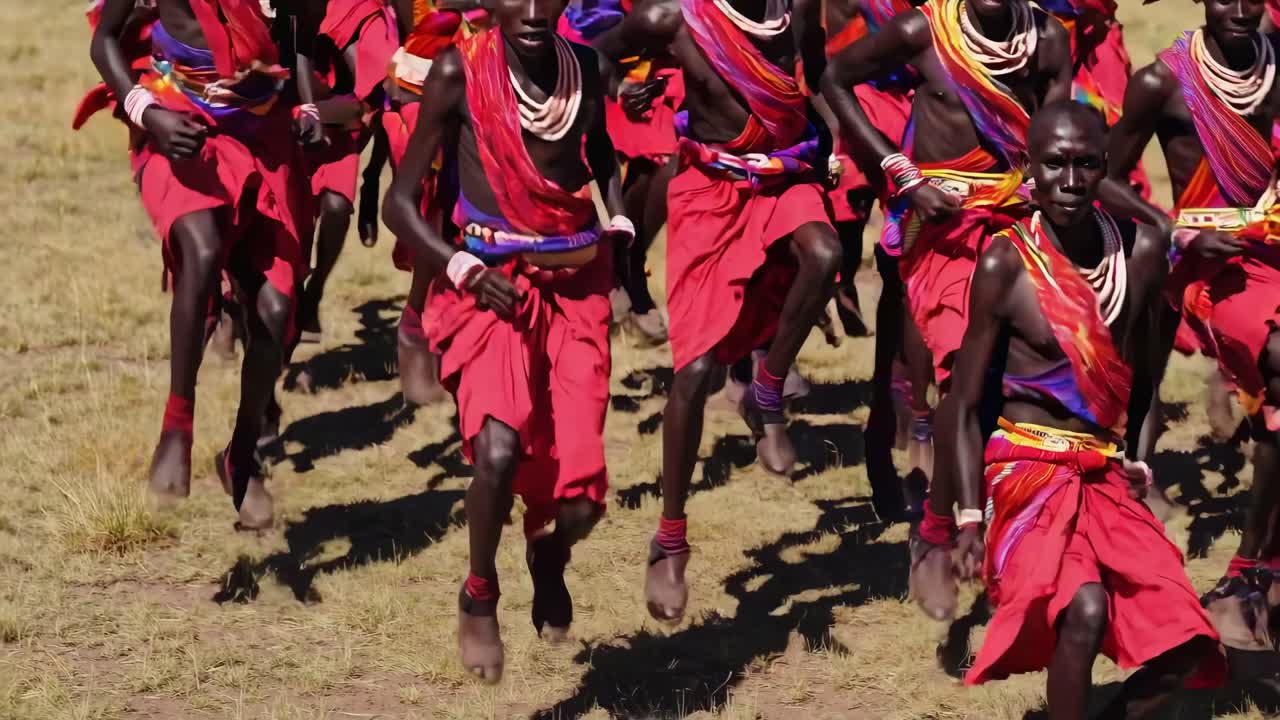 Video dinamis merekam sekelompok orang dengan pakaian tradisional cerah berlari ke arah kamera