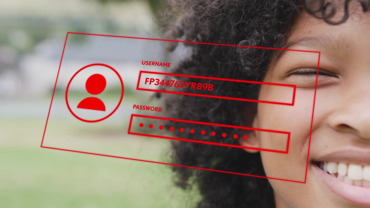 Boy smiling, red login panel overlaying face causing username filling and password masking for tech