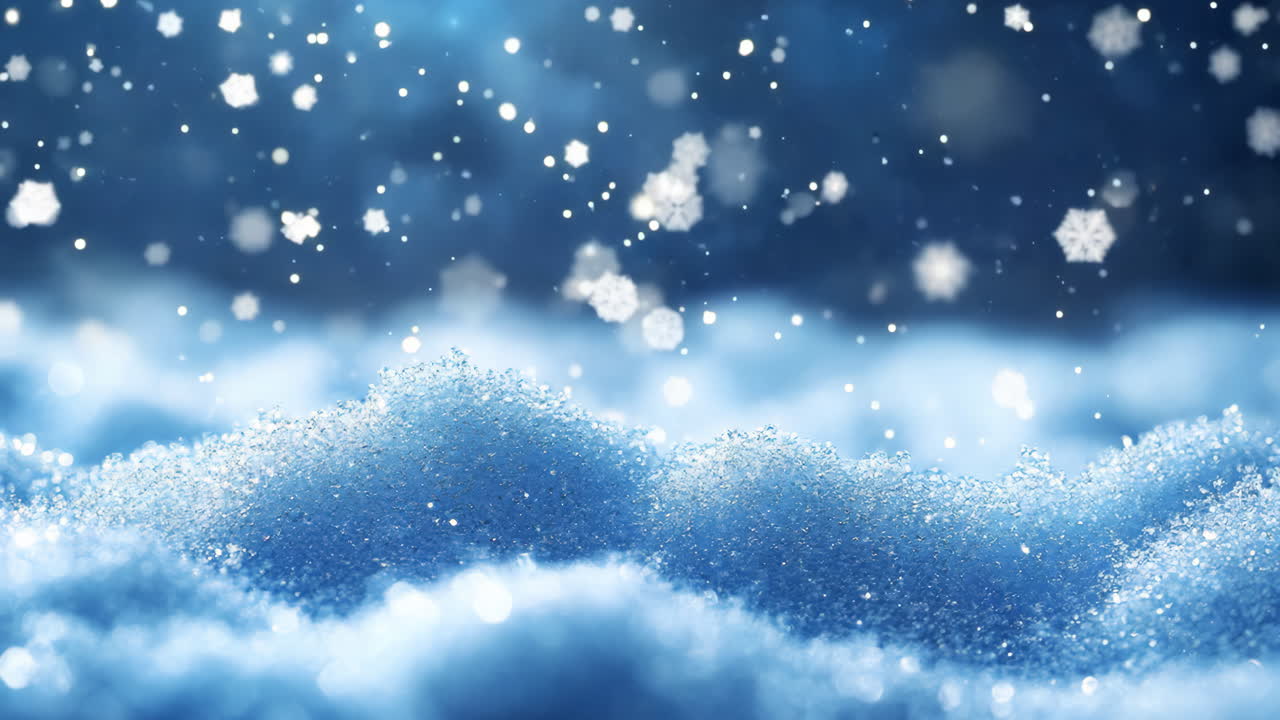 A snowy landscape with a blue sky and white clouds. The snow is falling and the sky is clear