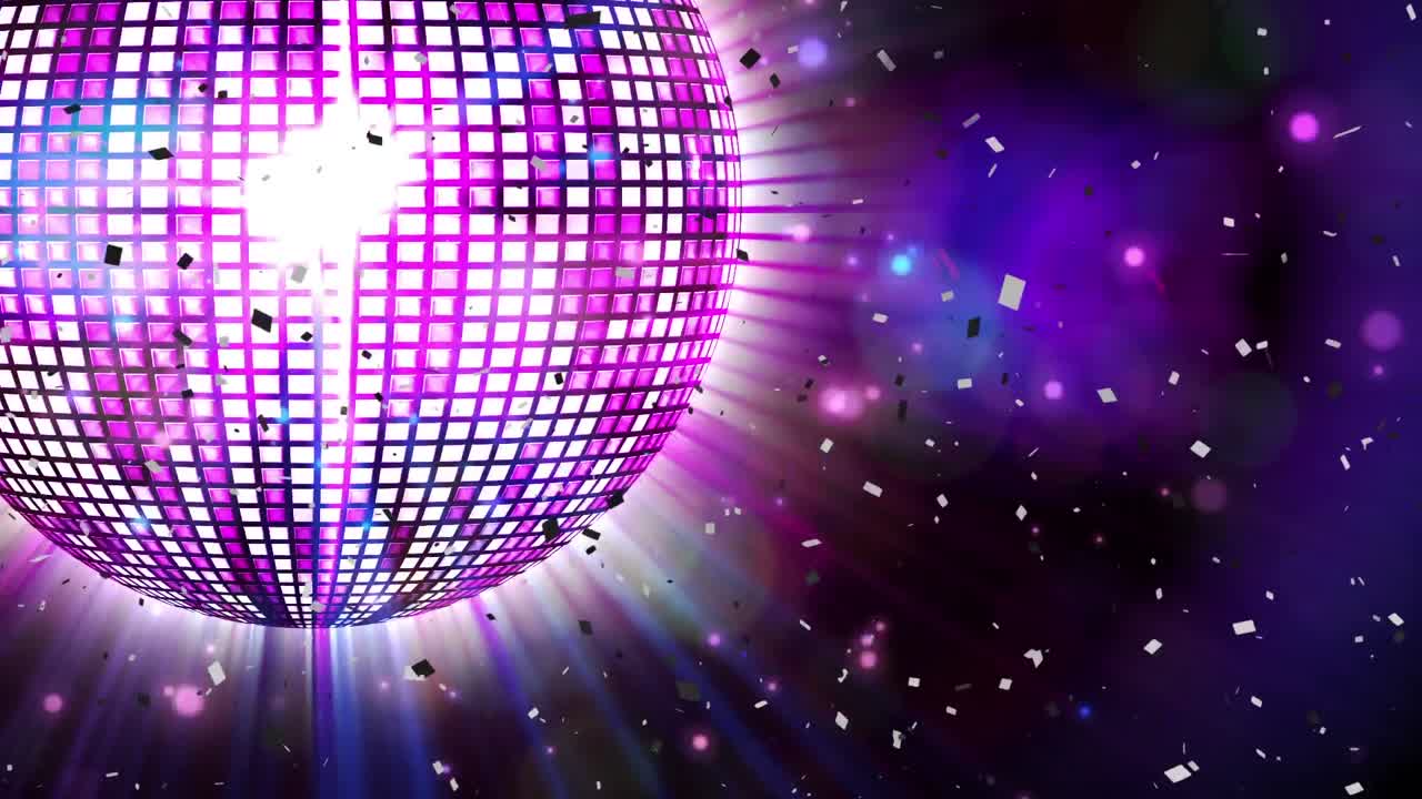 Animation of confetti falling over spinning disco ball on black background