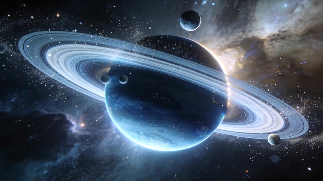 Una telecamera in orbita rivela un gigante gassoso blu con un sistema di anelli ghiacciati nello spazio, mostrando le sue lune.