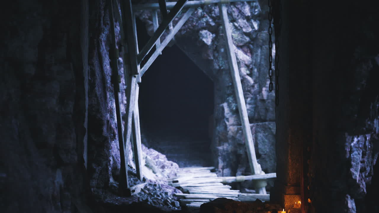 Exploring a dimly lit abandoned mine with wooden supports and rocky walls