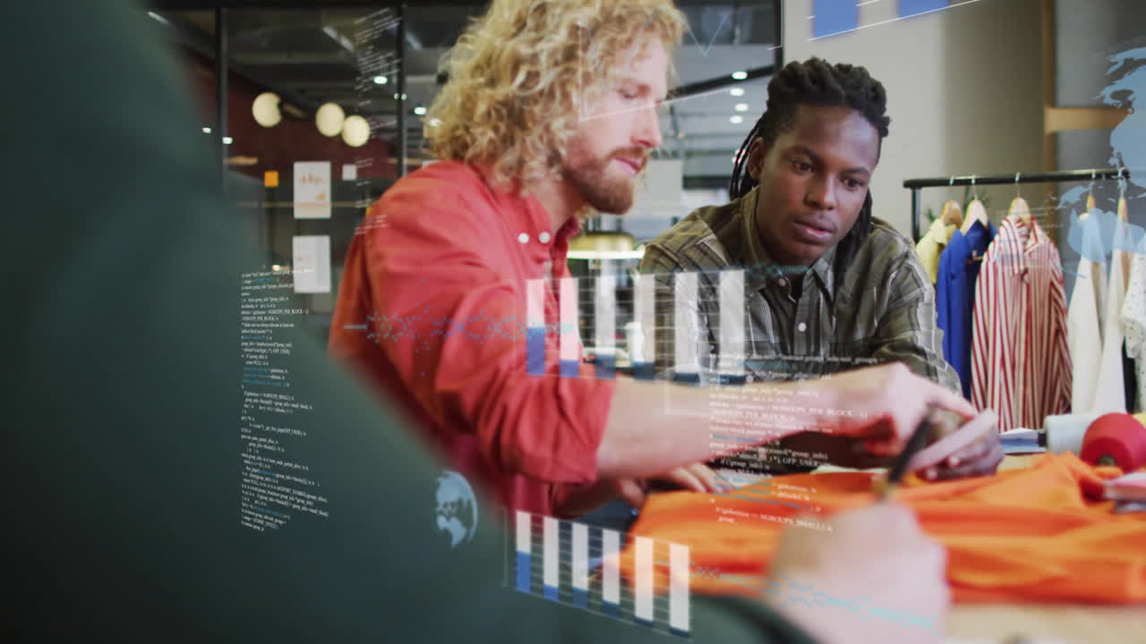 Animation of financial data processing over diverse business people in office