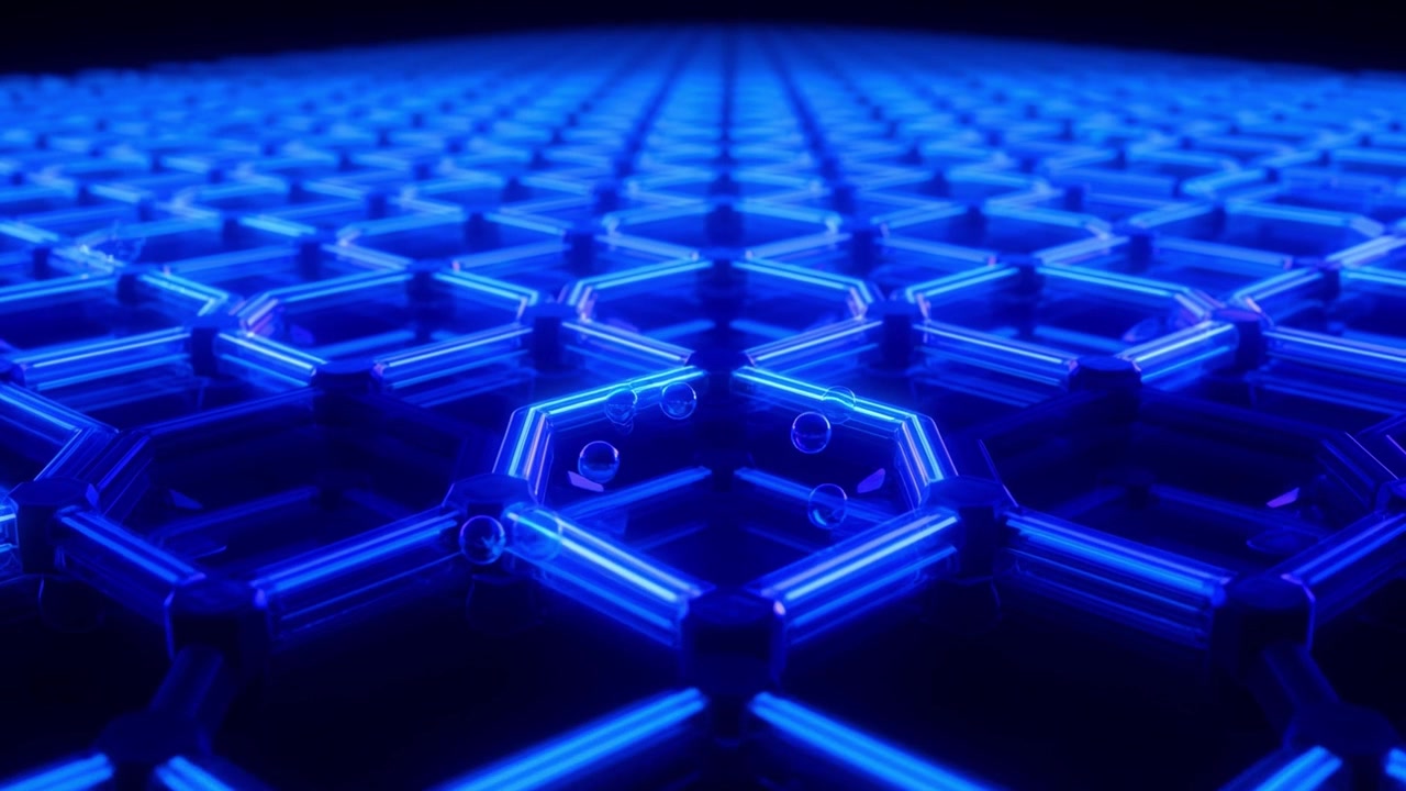 Abstract Glowing Blue Hexagonal Grid with Floating Spheres